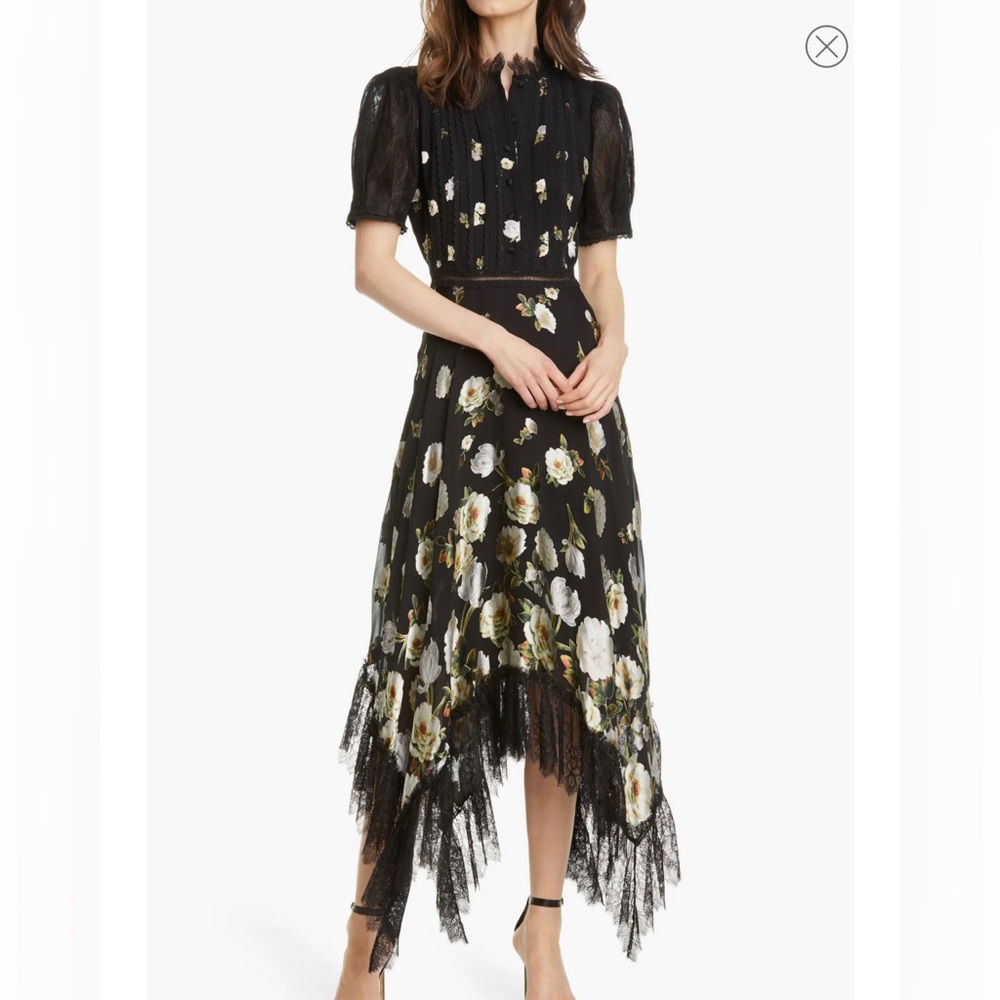 BNWT Alice & Olivia Black Floral Bettina - Lace Handkerchief Hem Dress. Size 6